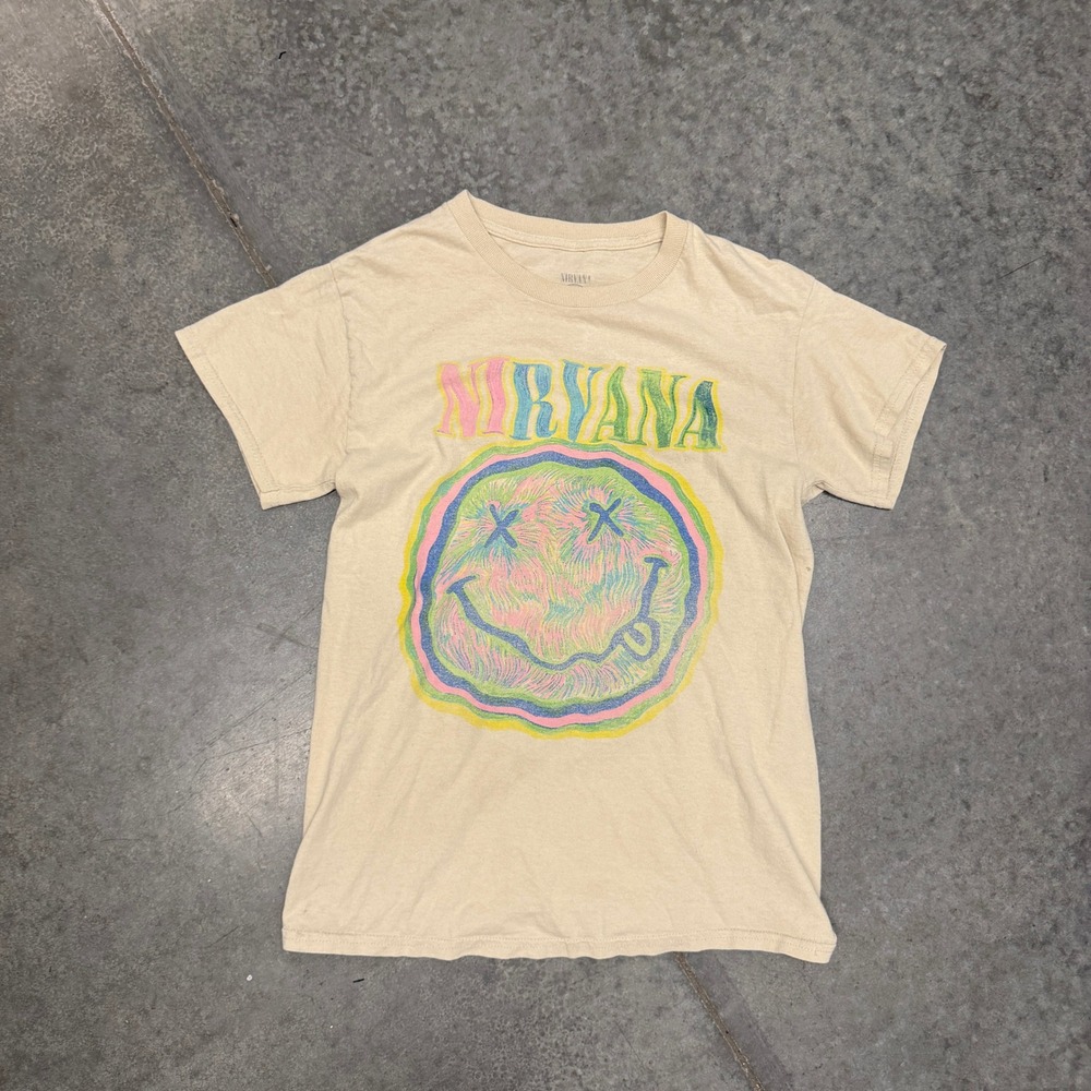 Nirvana Graphic T-Shirt Mens Small Tan Beige Colorful Smiley Face Band Tee S